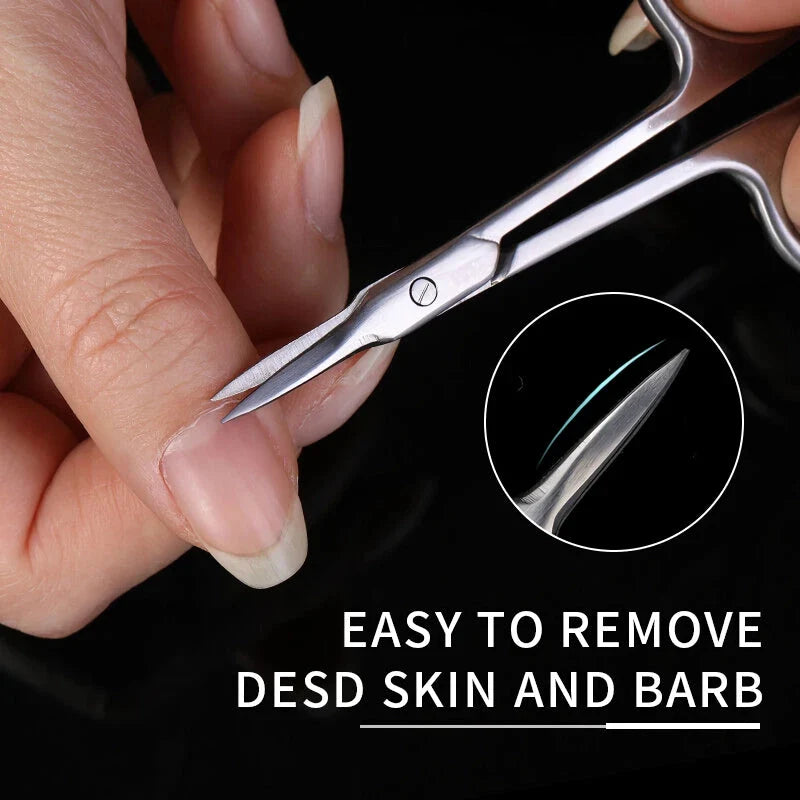 Premium stainless steel cuticle trimmer with a sharp, curved blade and rounded edges for precise, safe grooming