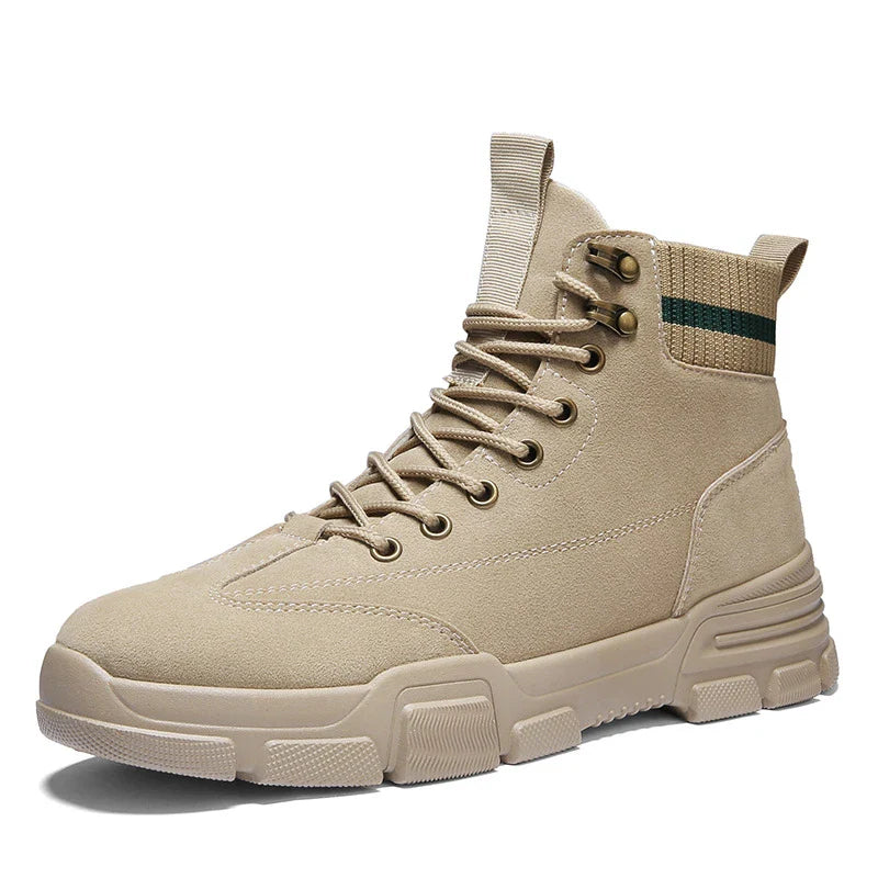 Premium high-top leather work boots in black, featuring a durable rubber sole and front-tie design for a secure and comfortable fit.