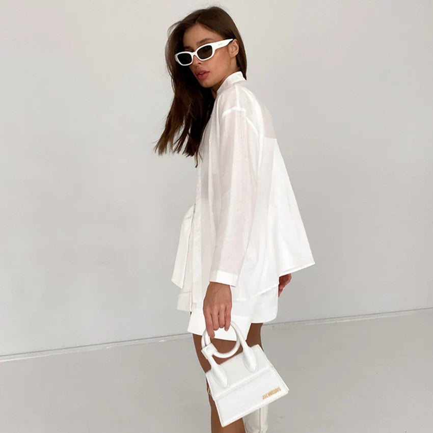 Relaxed-fit white casual set with shorts, featuring a loose, comfortable design made from premium cotton for all-day style and comfort.