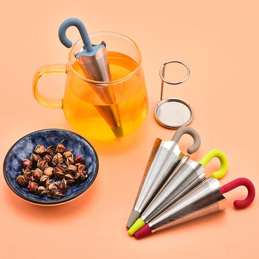 Silicone and stainless steel tea strainer with an umbrella-inspired design, available in various colours