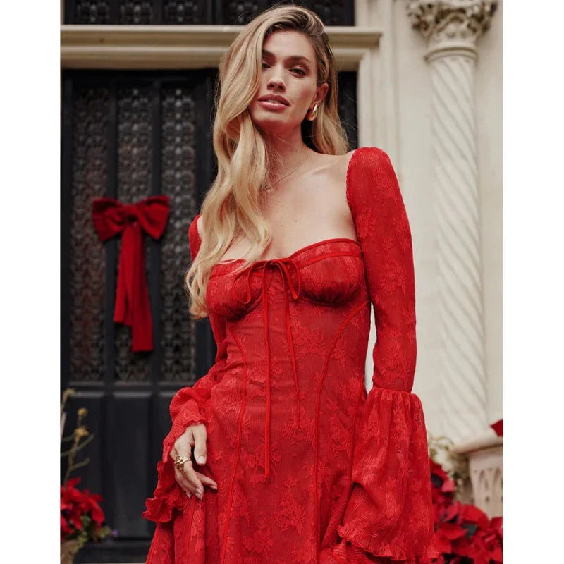 Chic lace flare sleeve mini dress with square neckline, a modern and sophisticated British-made fashion item
