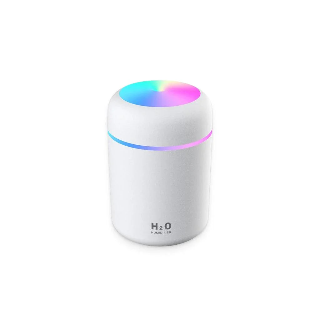 Compact in-car LED humidifier with rainbow mood lighting, designed to freshen and relax your vehicle's interior