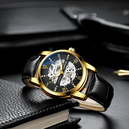 Premium automatic mechanical watch with a waterproof leather strap, featuring a sophisticated and versatile design.