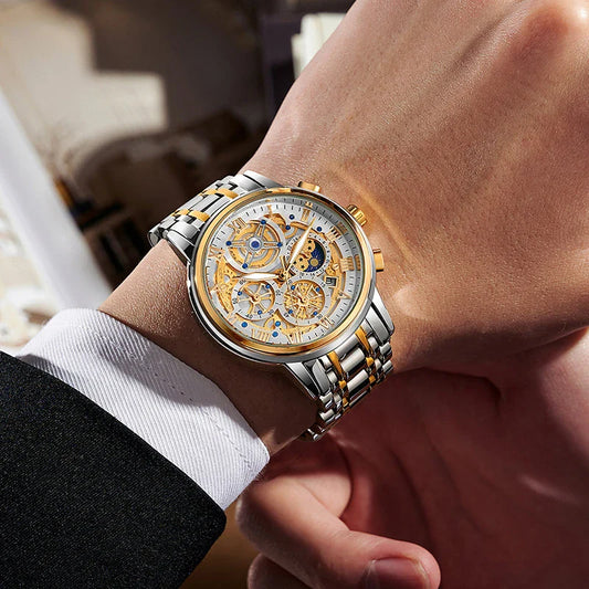 Elegant quartz watch with moonphase display, calendar function, and luminous hands for enhanced visibility