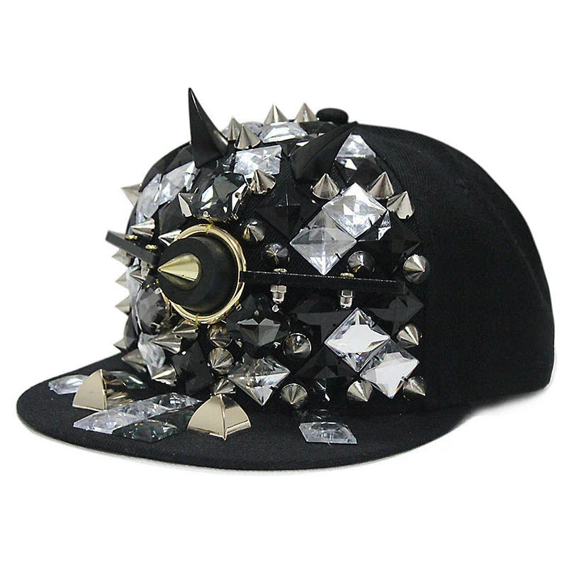 Stylish Ghost Head Baseball Cap with Rivets - Adjustable, Flat Brim, Premium Cotton-Polyester Blend