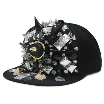 Stylish Ghost Head Baseball Cap with Rivets - Adjustable, Flat Brim, Premium Cotton-Polyester Blend