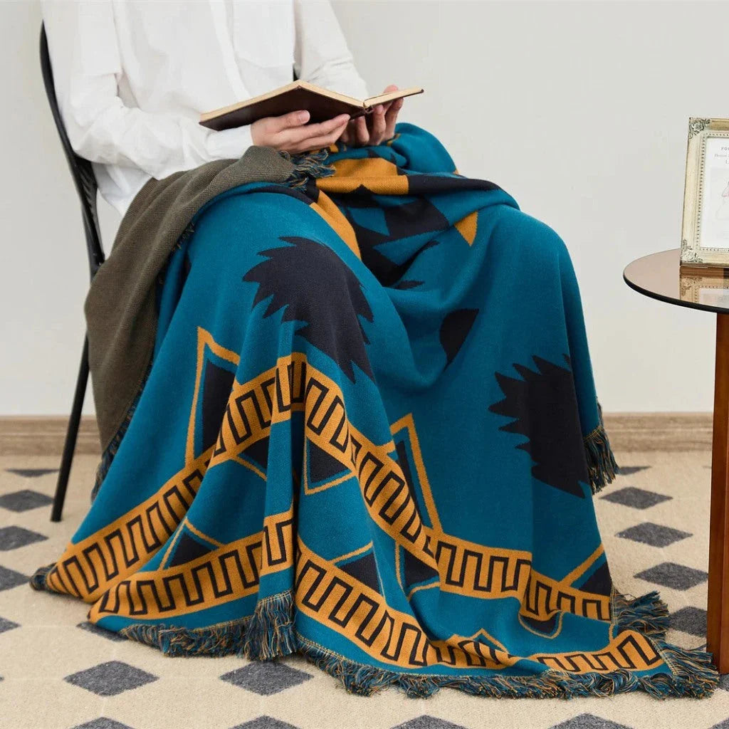 Elegant Bohemian Geometric Pattern Blanket made from premium cotton with luxurious fringes, available in various colours