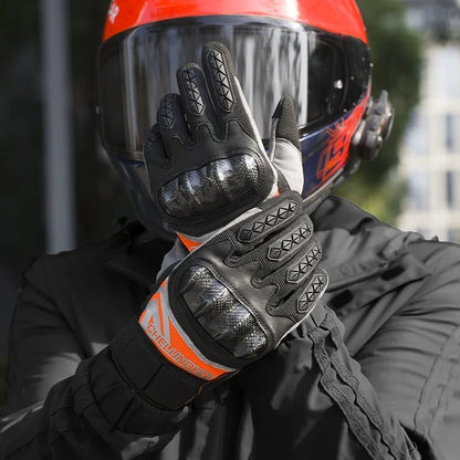 Pair of high-performance motorcycle riding gloves made from carbon fibre, featuring a sleek black design and reinforced palm and knuckle areas for superior protection.