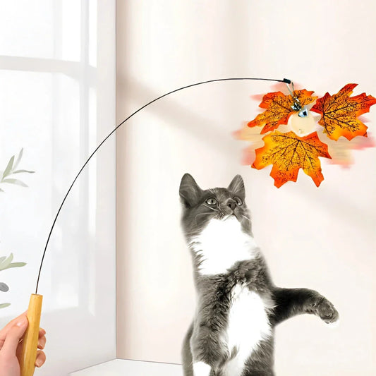 Interactive Rotating Leaf Cat Teaser Toy with Wooden Handle and Steel Wire for Engaging Cat Play and Exercise
