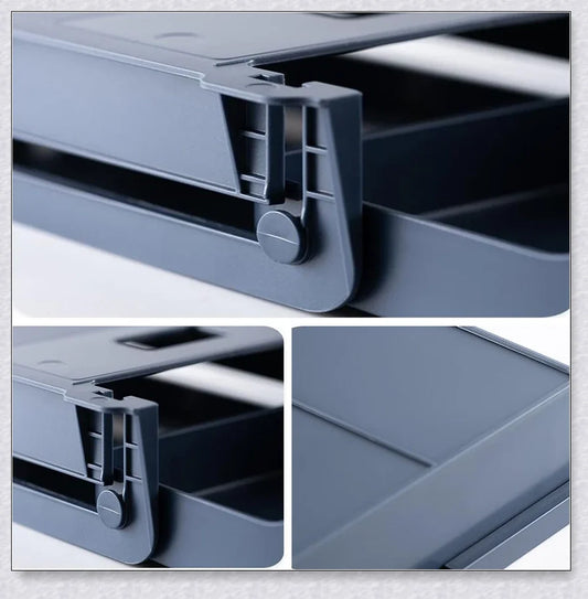 Discreet hidden under-desk storage drawer for pens, pencils, and other office supplies