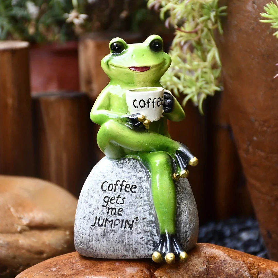 A charming resin frog statue with a playful design, perfect for adding a touch of whimsy to your garden or patio decor.