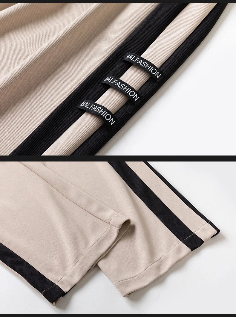 Comfortable striped straight-leg casual trousers in various colours and sizes
