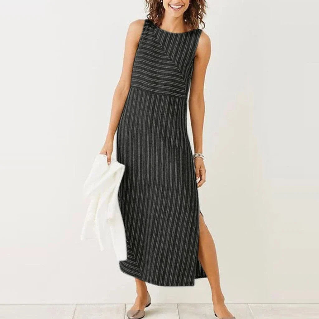 Sleeveless maxi dress with geometric stitching pattern, made of premium cotton and linen blend