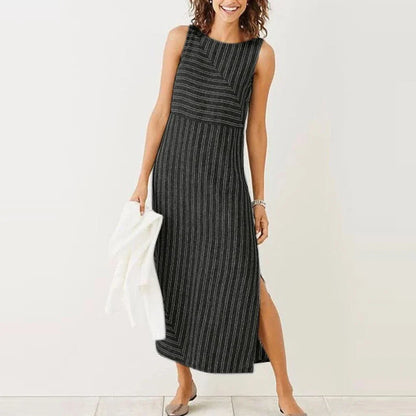 Sleeveless maxi dress with geometric stitching pattern, made of premium cotton and linen blend