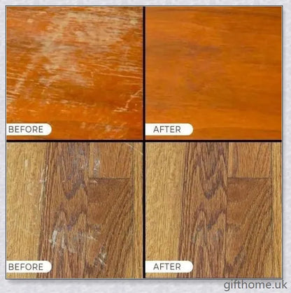 A bottle of premium wood scratch repair spray with a light and dark colour option for blending seamlessly with various wood tones.