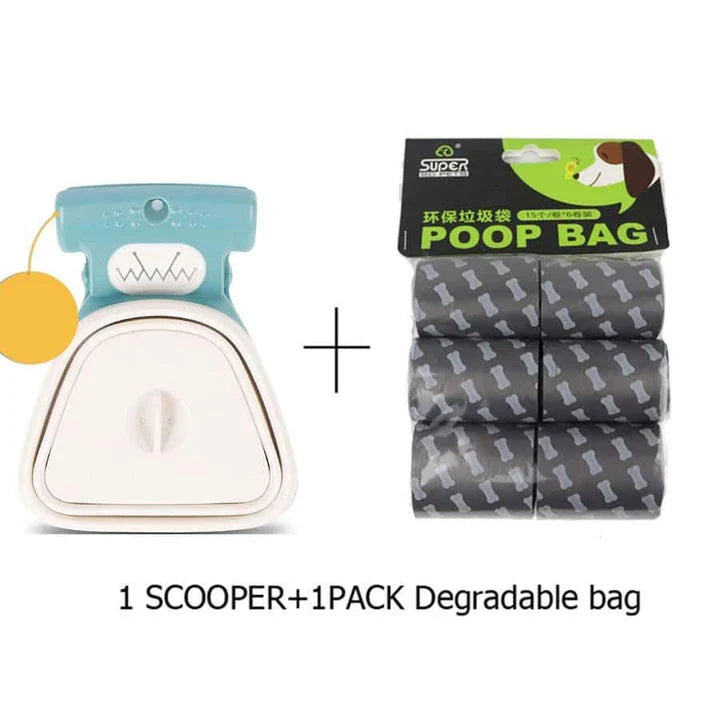 Foldable dog waste scoop with wide, comfortable grip for easy one-handed cleanup on any surface