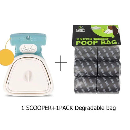 Foldable dog waste scoop with wide, comfortable grip for easy one-handed cleanup on any surface