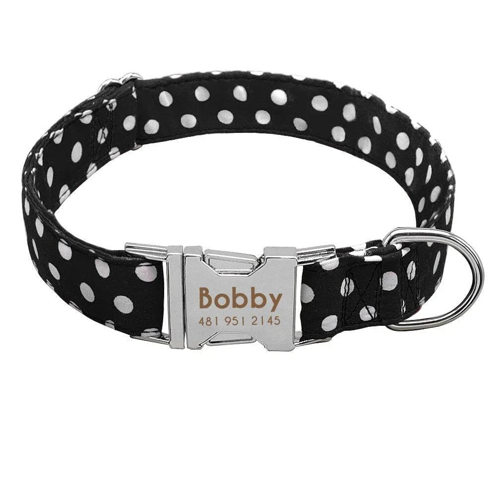 Premium polka dot dog collar made of durable nylon, adjustable for a comfortable fit on dogs of all sizes