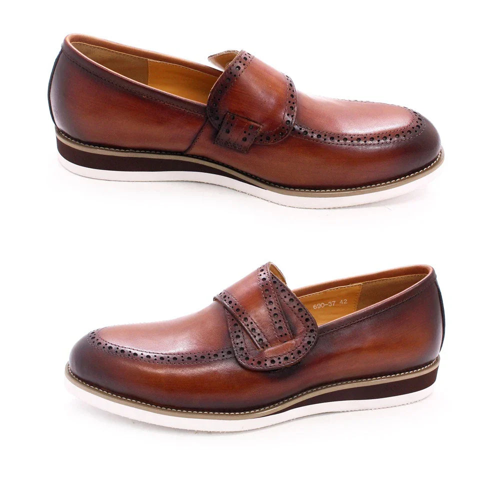 Premium handcrafted British leather casual loafers for men, featuring a round toe, flat heel, and durable rubber sole