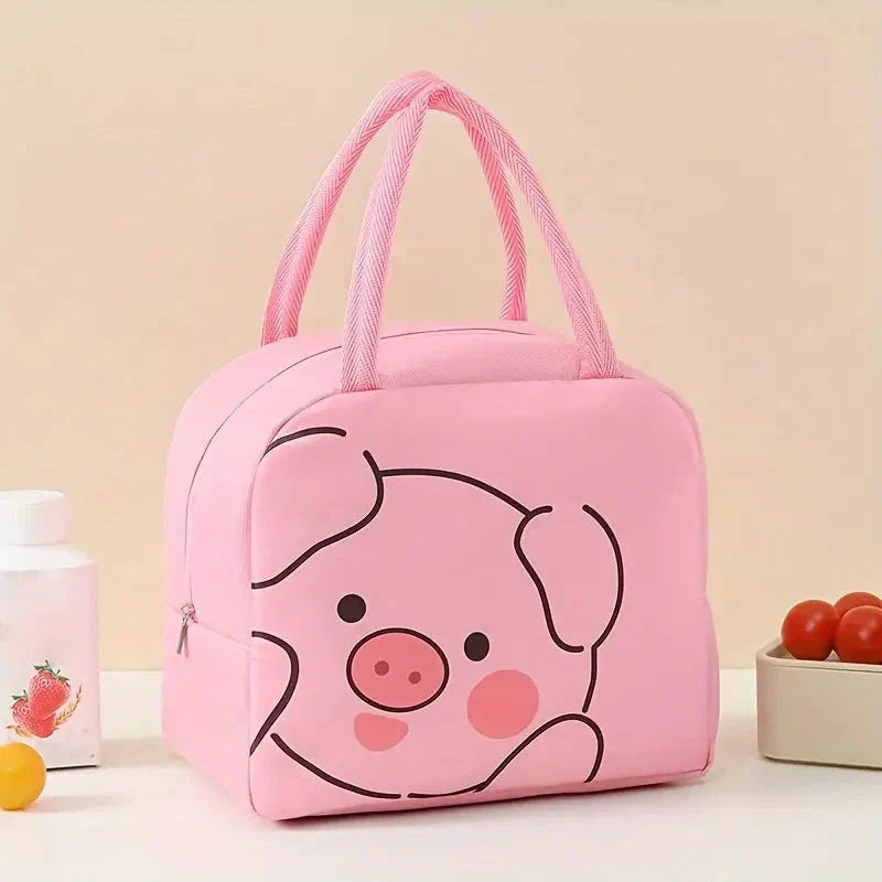 Cartoon animal-themed thermal lunch bag for children, made of durable Oxford cloth with insulated design and vibrant animal prints.