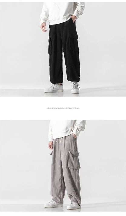 Stylish men's corduroy casual trousers with a relaxed wide-leg silhouette and a variety of classic colour options