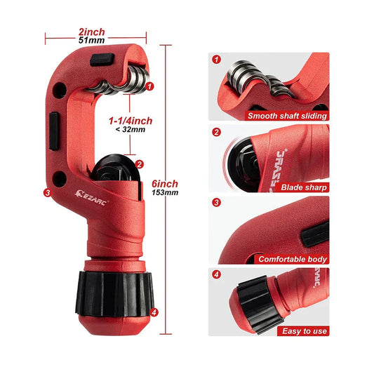 A heavy-duty pipe cutter with a red aluminium alloy body and a steel cutting wheel, designed for precise and effortless pipe cutting in plumbing, electrical, and DIY projects.