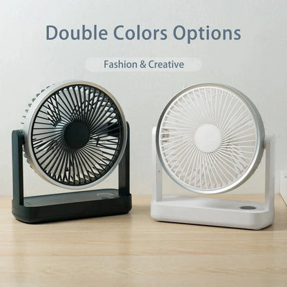 A compact, rechargeable USB desk fan with adjustable speed settings and a tilting head for targeted airflow.
