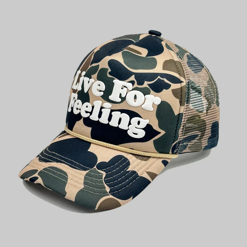 Stylish camouflage curved brim hat with embroidered lettering from Trendha