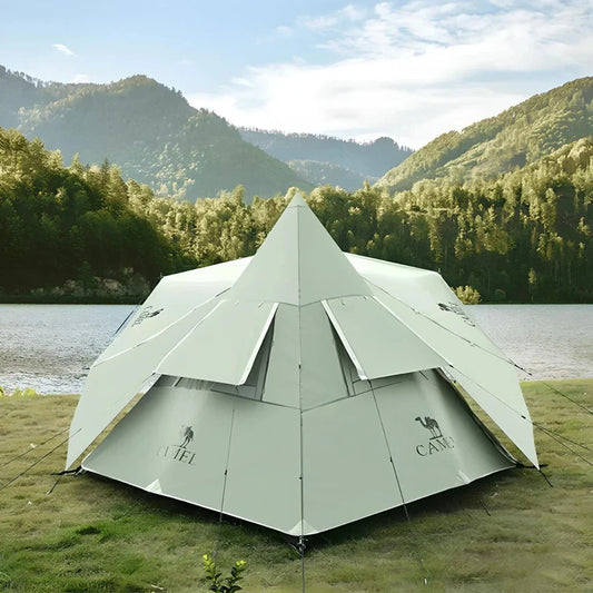 Premium 6-8 person family camping tent with durable 600D Oxford fabric, reflective mylar lining, and UPF50+ sun protection for exceptional weatherproofing and comfort.