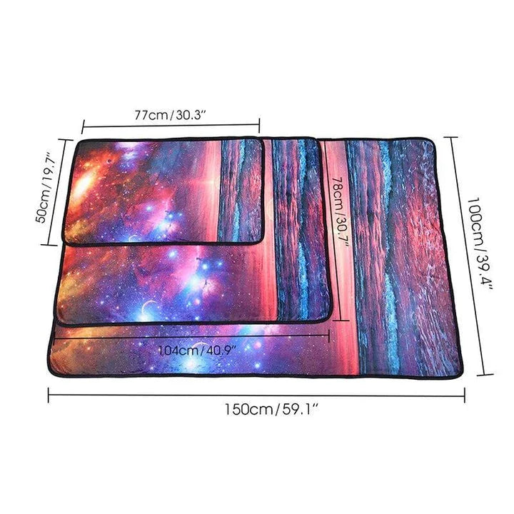 Galaxy-themed pet blanket in starry sky and rich dog colours, available in small, medium, and large sizes