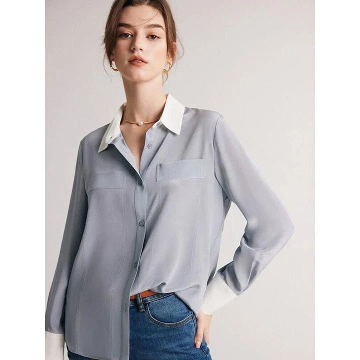 Sophisticated 100% Mulberry silk crepe de chine dress shirt for stylish women in the UK, offering elegance, comfort and versatility.