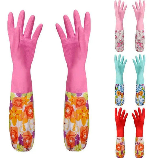 Floral printed rubber kitchen gloves with long length for comprehensive hand and forearm protection