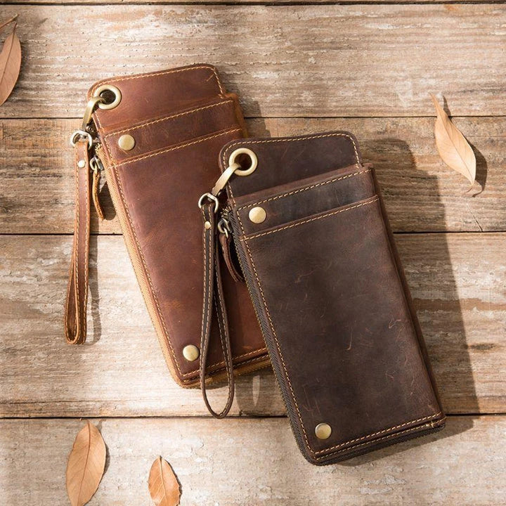 Premium genuine leather zipper phone wallet case in dark brown colour with multiple compartments for organisation