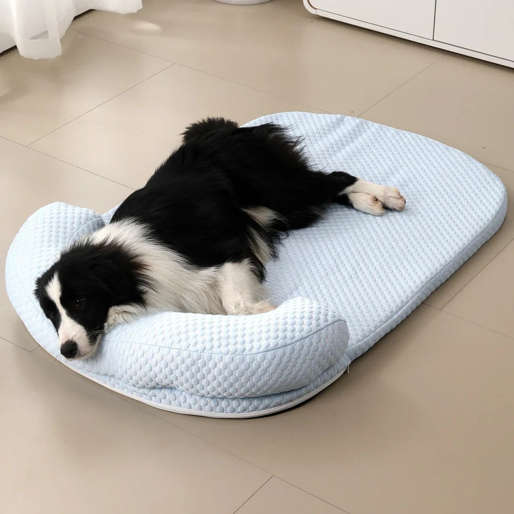 A breathable, ice-filled pet cooling mat in a variety of stylish colours for use in kennels, beds, or anywhere your pet lounges.