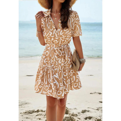 Elegant Geometric Print Mini Dress in Khaki with A-Line Silhouette and V-Neckline