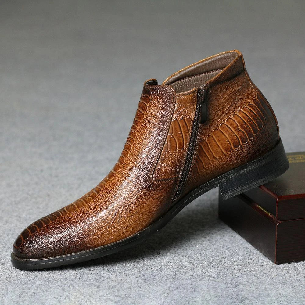 Premium men's formal Chelsea boots in brown, featuring a round toe, low wedge heel, and side zipper closure for a polished, office-ready look