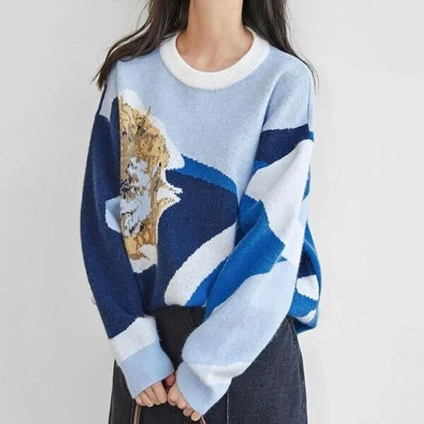 Cosy and stylish vintage floral knit pullover for autumn, featuring a classic O-neck design and high-stretch fabric for a comfortable, flattering fit.