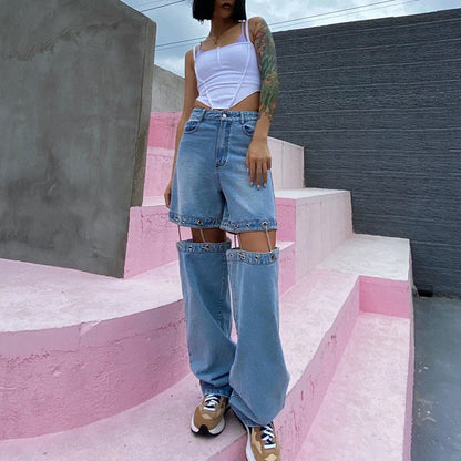 High-waisted wide-leg denim trousers in a stylish blue colour, featuring a comfortable and flattering fit