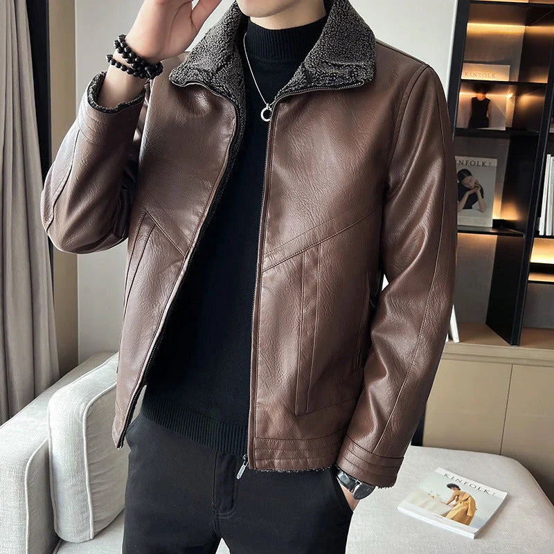 Premium plus-size leather jacket in classic Hong Kong style with velvet padding for exceptional comfort and warmth