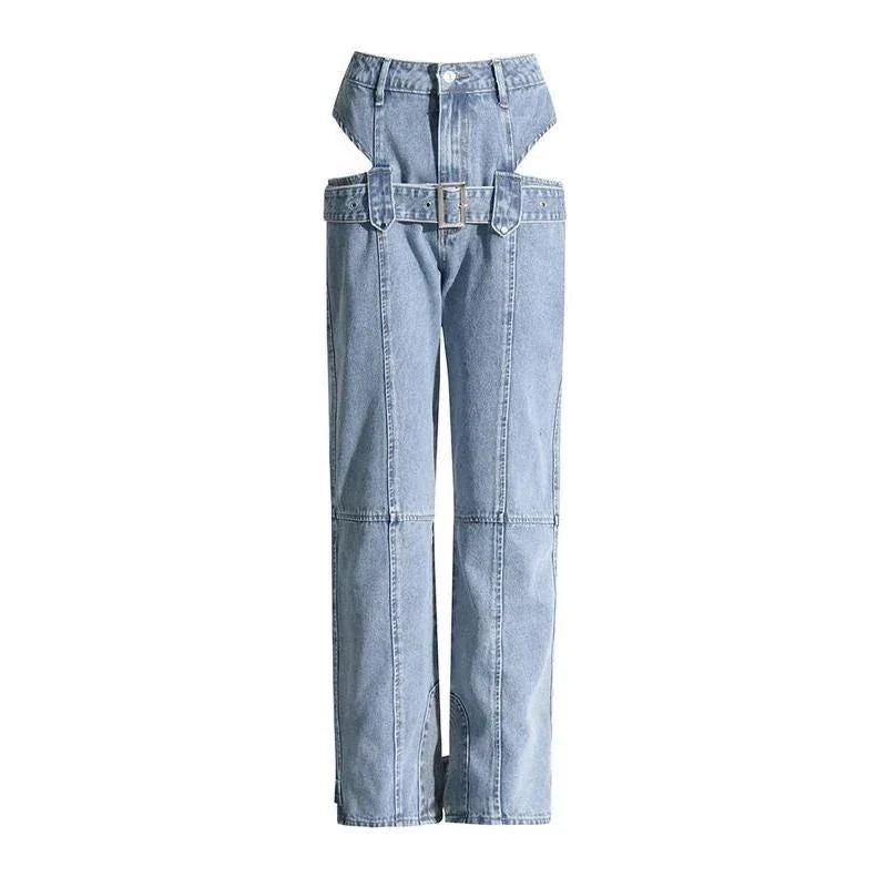 High-waist denim trousers with chic cutout design, perfect for British fashion enthusiasts