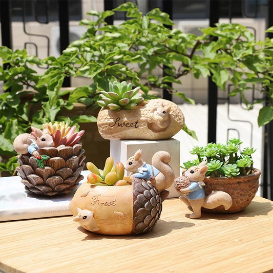 Cartoon squirrel-themed succulent planter in resin material, featuring a drainage hole for healthy plant growth