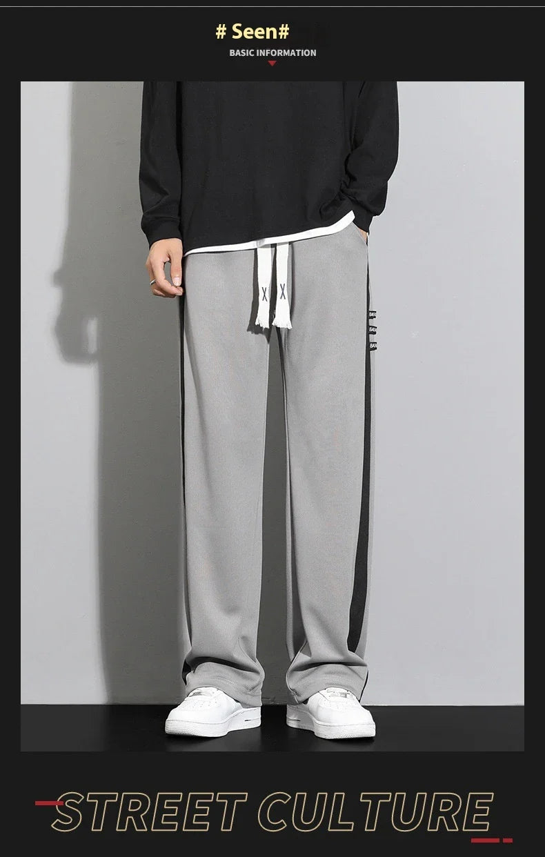 Comfortable striped straight-leg casual trousers in various colours and sizes