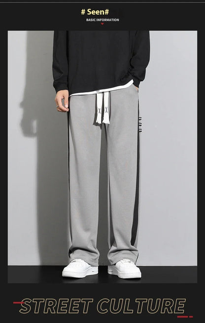Comfortable striped straight-leg casual trousers in various colours and sizes