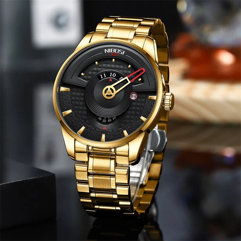 Premium gold-black quartz waterproof watch with alloy case and solid steel strap