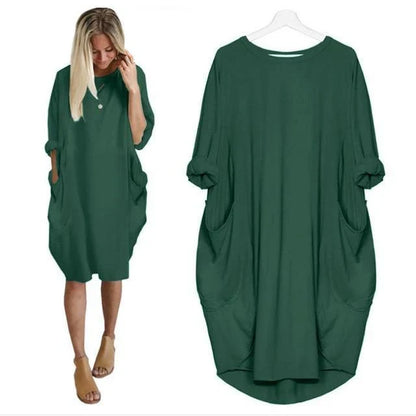 Stylish loose maxi dress with swing stitching detail in various colours, including grey, black, army green, and pink.