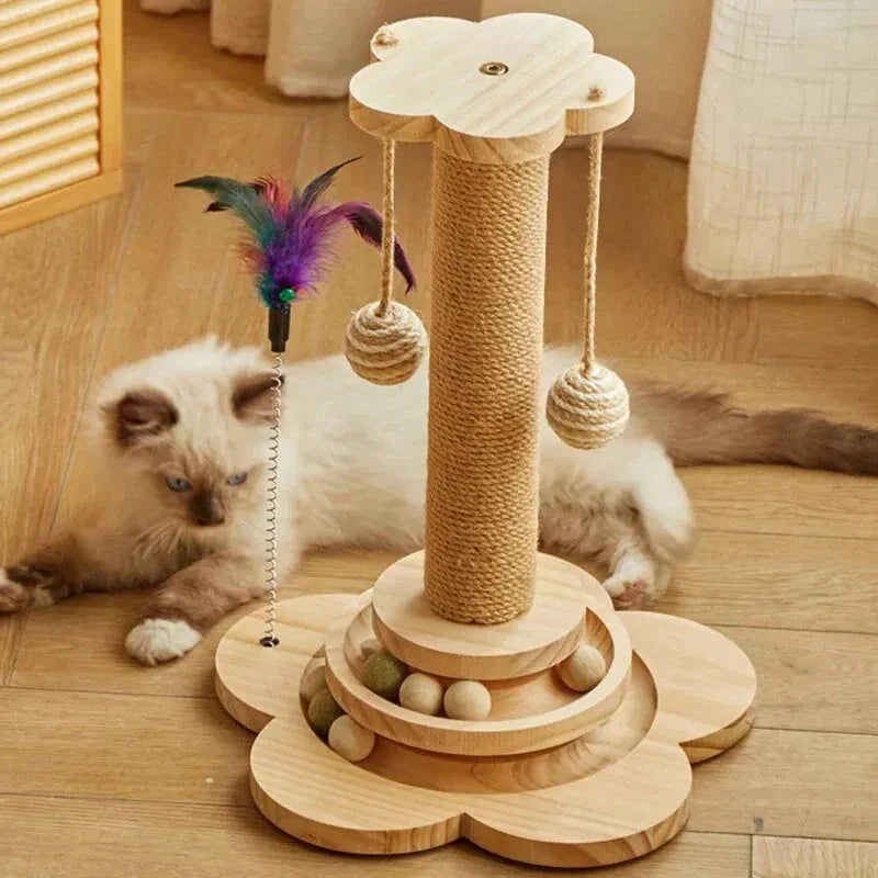 Premium pine wood cat scratcher tower with interactive turntable balls for feline playtime and activity