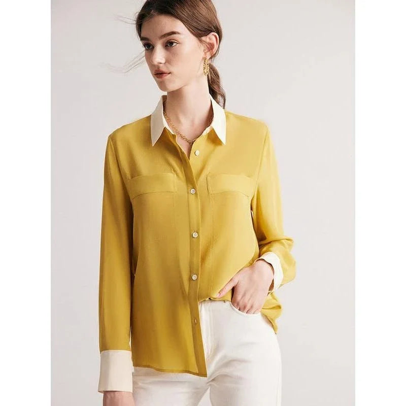 Sophisticated 100% Mulberry silk crepe de chine dress shirt for stylish women in the UK, offering elegance, comfort and versatility.
