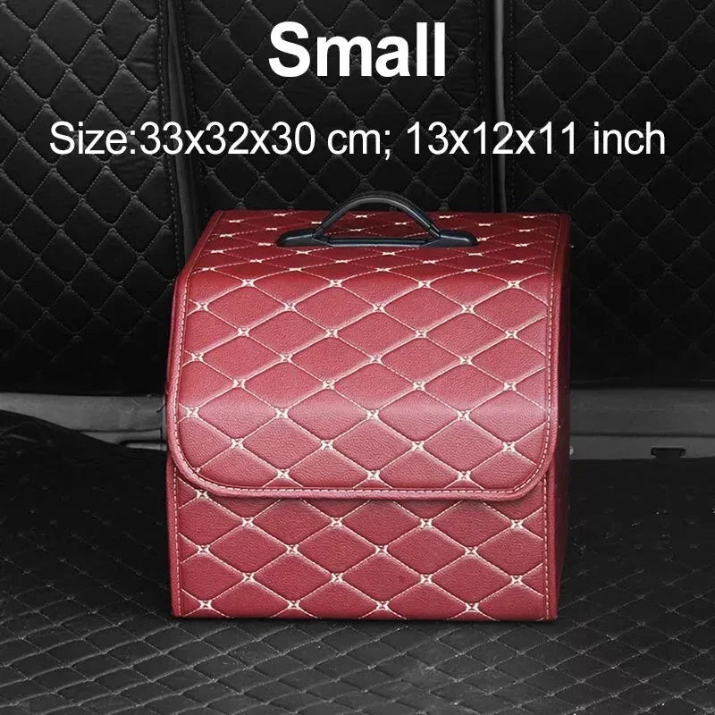 Premium collapsible leather car boot organiser in black, burgundy red, and black red colours