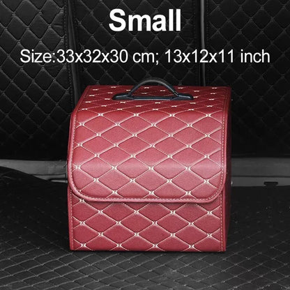 Premium collapsible leather car boot organiser in black, burgundy red, and black red colours