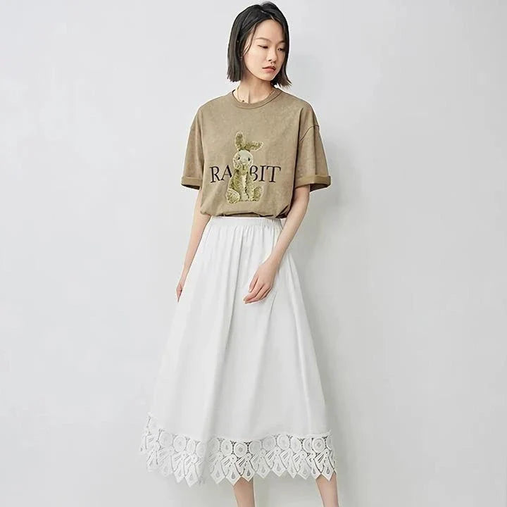 Elegant lace-spliced A-line midi skirt in beige, suitable for various occasions